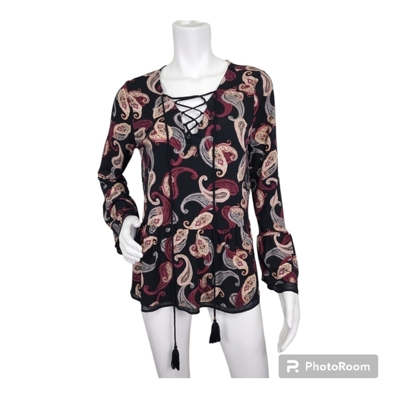 WHBM Paisley Black Bell Sleeve Boho Tunic Top Size M - Picture 1 of 13